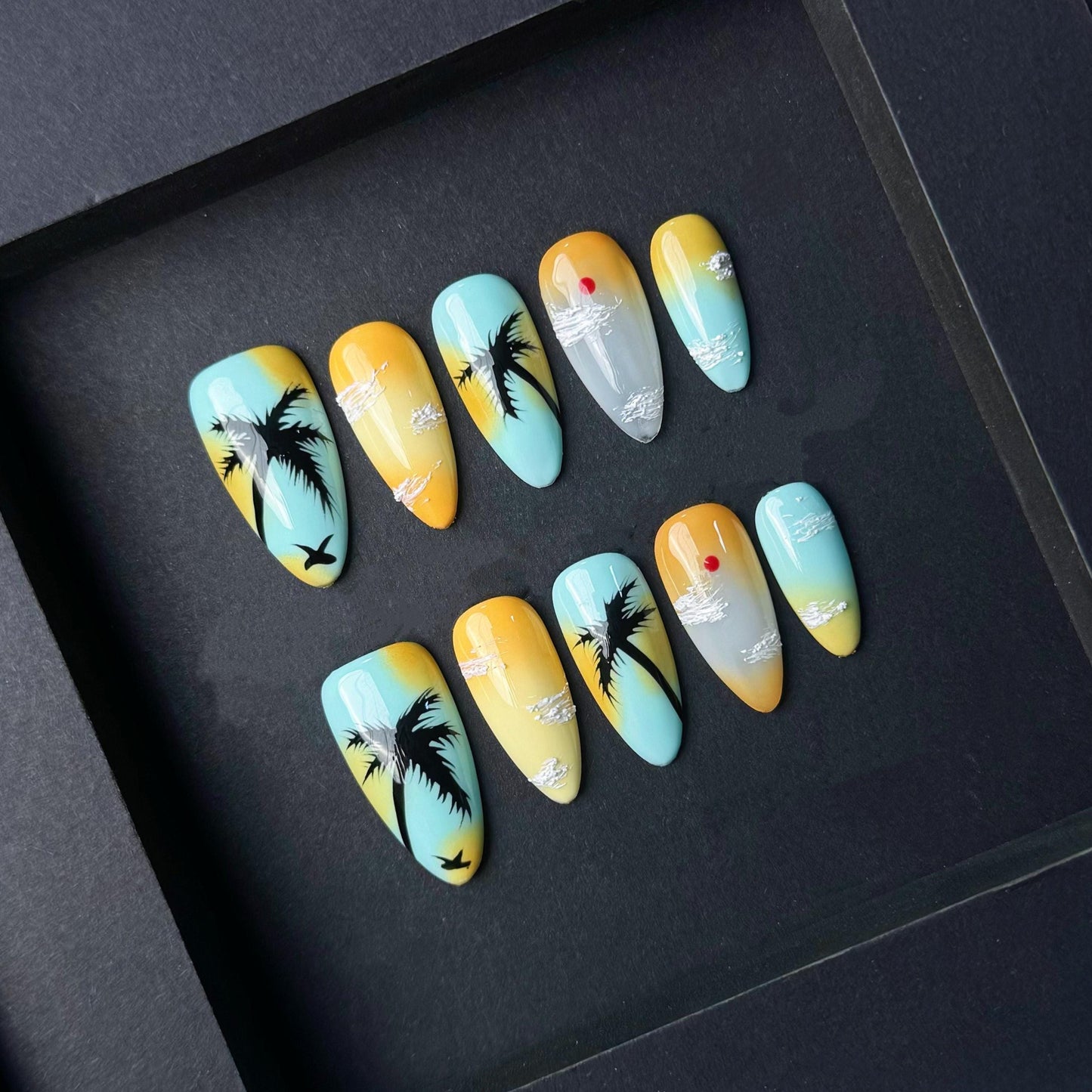 Tropical Sunset Press On Nails Palm Tree Beach Scene Hand Painted Summer Vibes. Artificial reusable fake faux manicure nails trendy art.