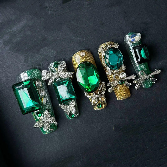 Emerald Green Luxury Press On Nails With Crystal Butterflies And Gems Manicure glue on artificial fake faux reusable trendy nail