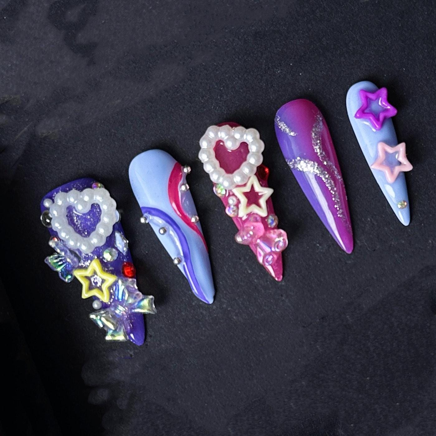 Kawaii Purple and Pink Star Heart Press On Nails With Pearls and Glitter Manicure glue on artificial fake faux reusable trendy nail