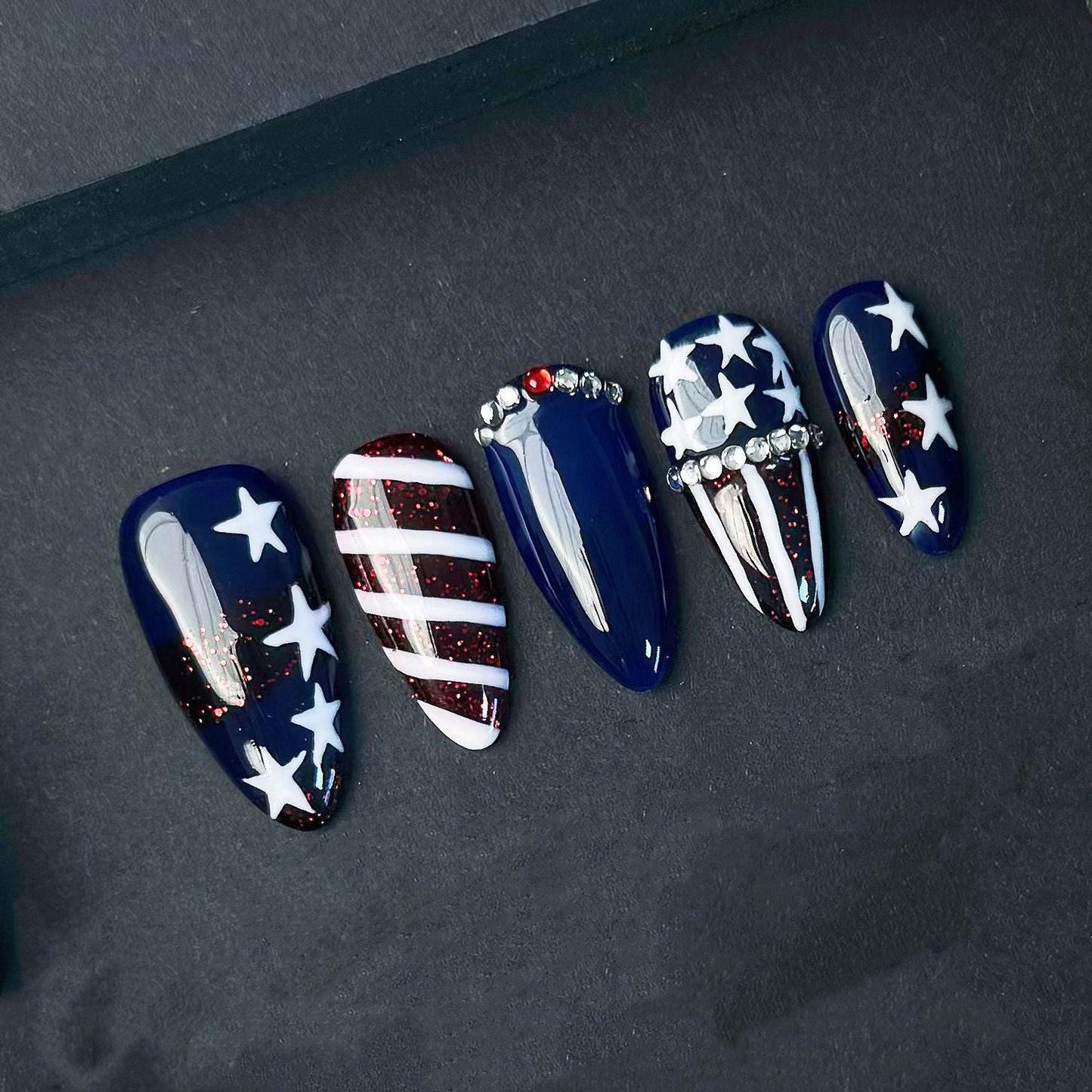Patriotic Red White and Blue Press On Nails With Stars and Glitter Manicure glue on artificial fake faux reusable trendy nail