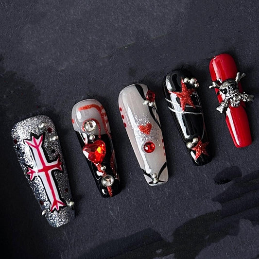Gothic Red and Black Press On Nails With Cross Skull and Heart Charms Manicure glue on artificial fake faux reusable trendy nail