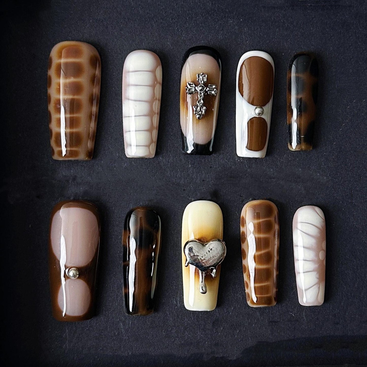 Brown Chrome Grunge Press On Nails With Cross and Dripping Heart Charms Manicure glue on artificial fake faux reusable trendy nail