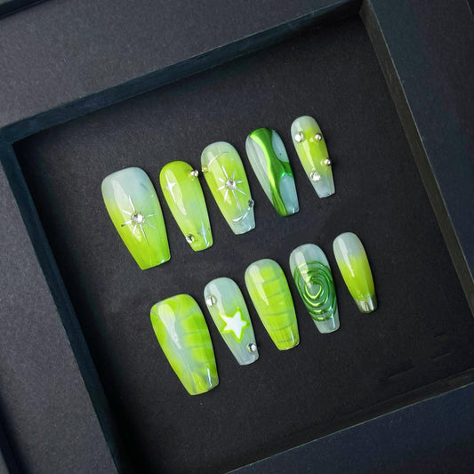 Neon Green Abstract Press On with Chrome Accents Rhinestones and Stars. Artificial reusable fake glue on faux manicure nails trendy art.