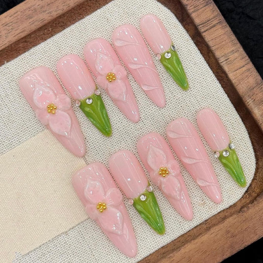 Pink Floral Press On Nails with 3D Flower Green Tips and Rhinestone Accent. Artificial reusable fake glue on faux manicure nails trendy art.