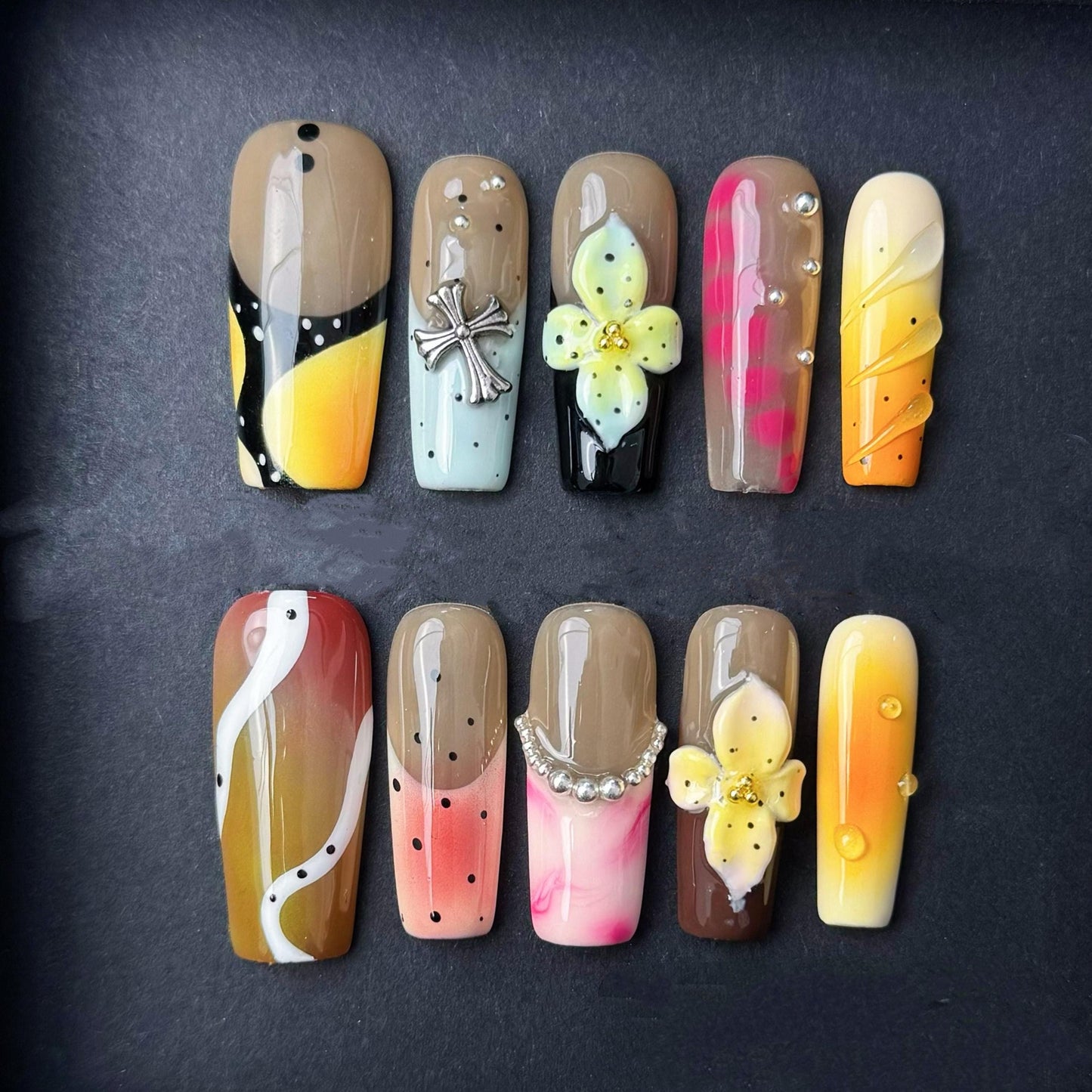 Tropical Sunset Floral Cross Nail Art Set Manicure glue on artificial fake faux reusable trendy nails