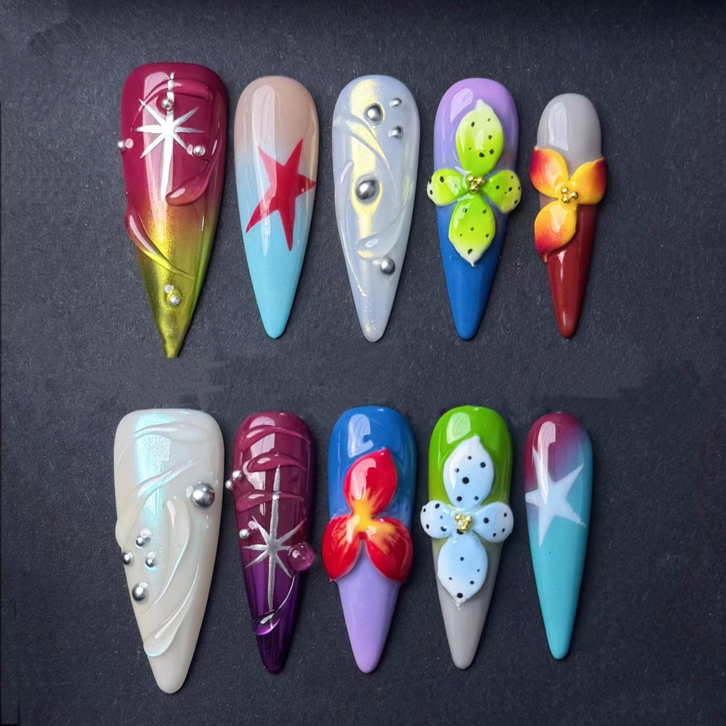 Tropical Starburst Press On Nails with 3D Flowers Bright Colors and Pearl Accents. Artificial reusable fake faux manicure nails trendy art.