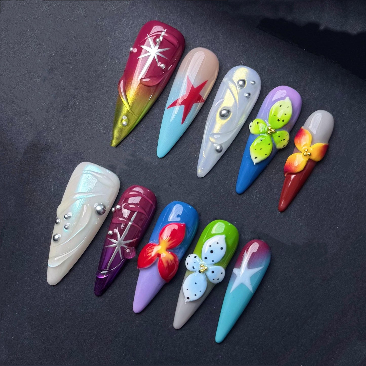 Tropical Starburst Press On Nails with 3D Flowers Bright Colors and Pearl Accents. Artificial reusable fake faux manicure nails trendy art.