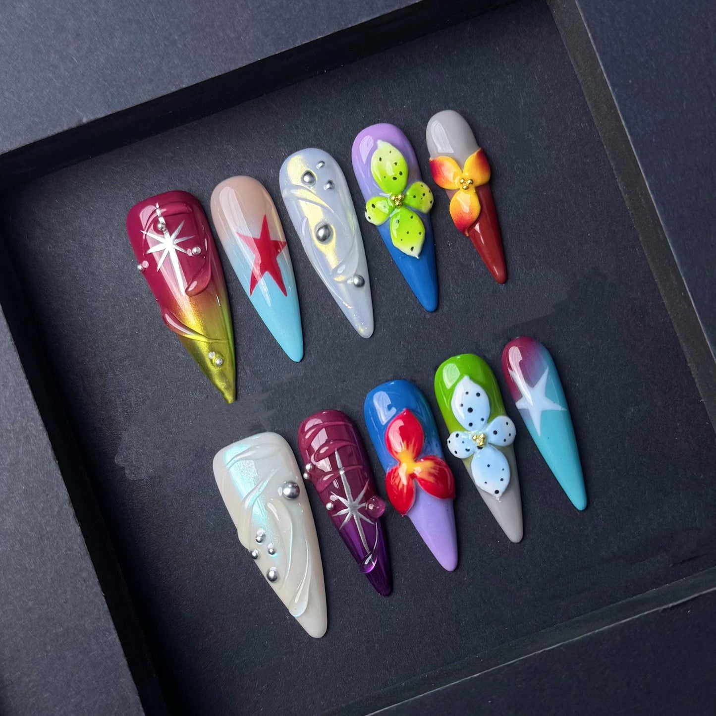 Tropical Starburst Press On Nails with 3D Flowers Bright Colors and Pearl Accents. Artificial reusable fake faux manicure nails trendy art.