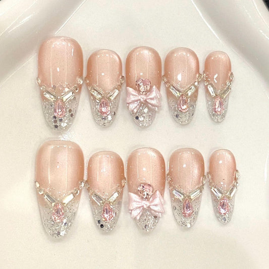 Pink Ballet-Inspired Glitter Press On Nails with Bows Crystals and Rhinestones. Artificial reusable  glue on faux manicure nails trendy art.