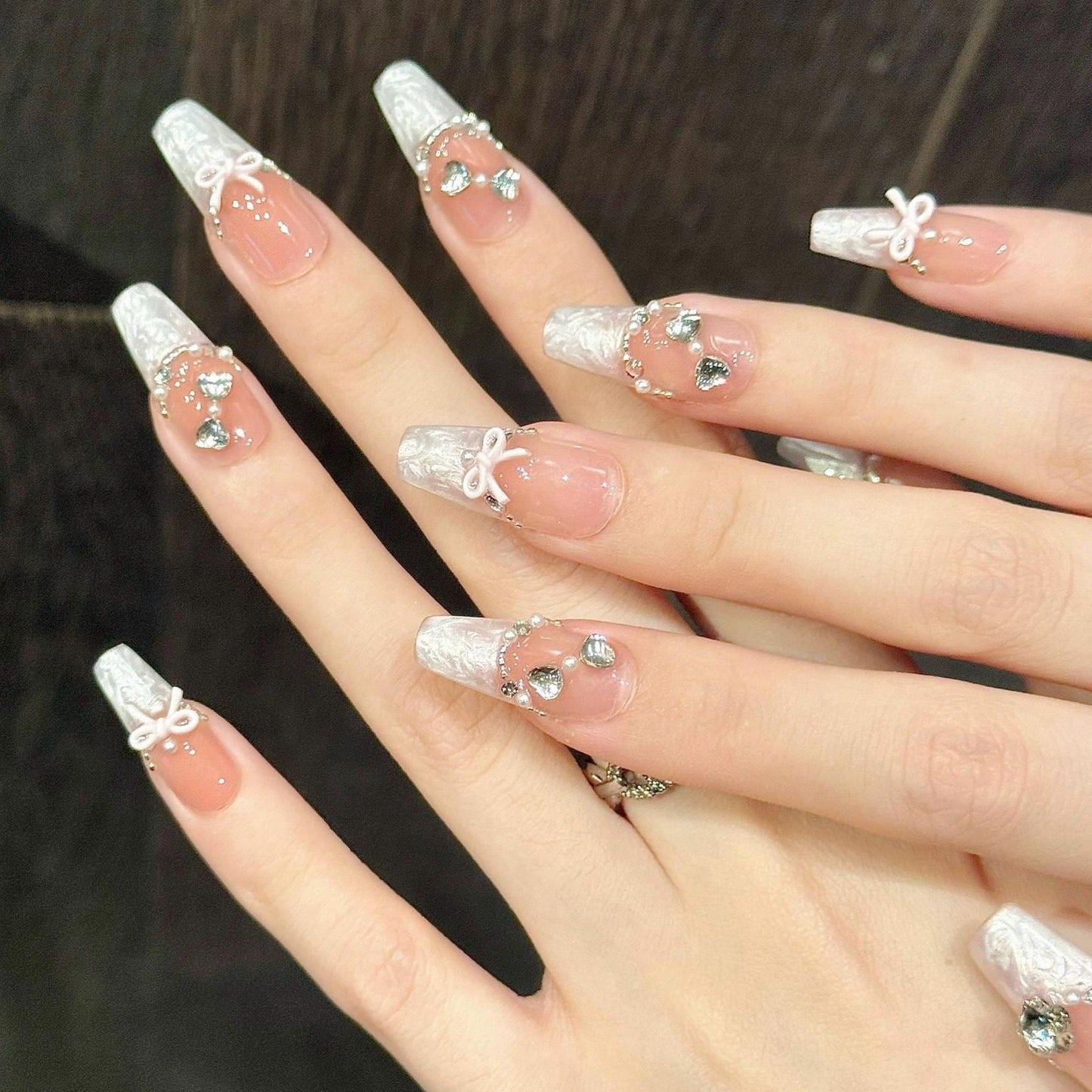 3D Lace French Press On Nails with Pink Bows Heart Charms and Crystals. Artificial reusable fake glue on faux manicure nails trendy art.
