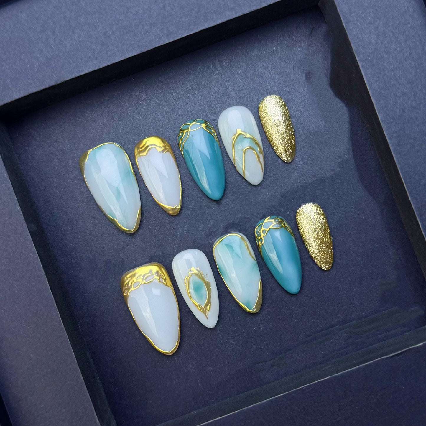 Ocean Gemstone Marble Press On Nails with Gold Foil Accents and Glitter Tips Press on Glue on Artificial Faux Nails