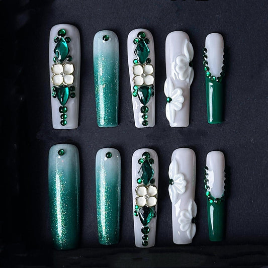 Emerald Garden Glam White Press On Nails Manicure glue on artificial fake faux reusable trendy nail