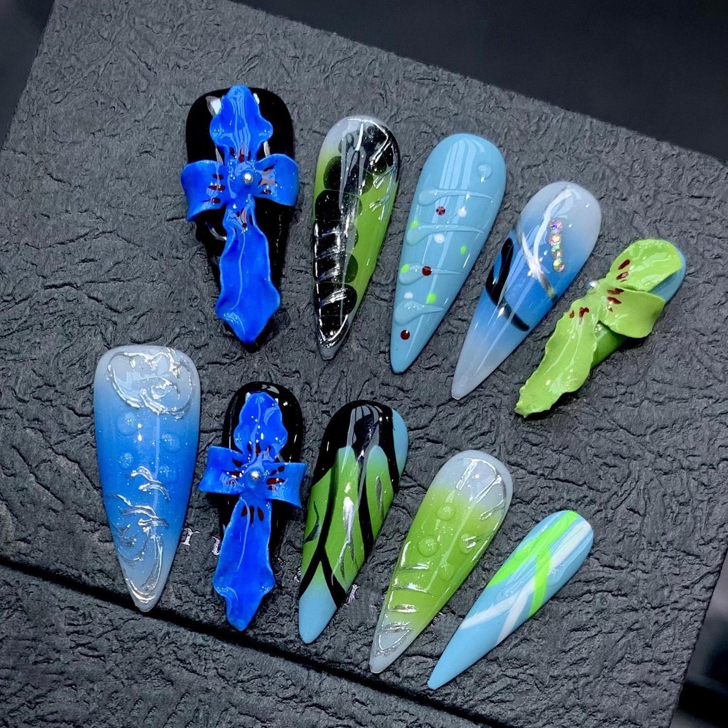 Neon Jungle Press On Nails with 3D Orchids and Tropical Abstract Art Artificial reusable fake glue on faux manicure nails trendy art
