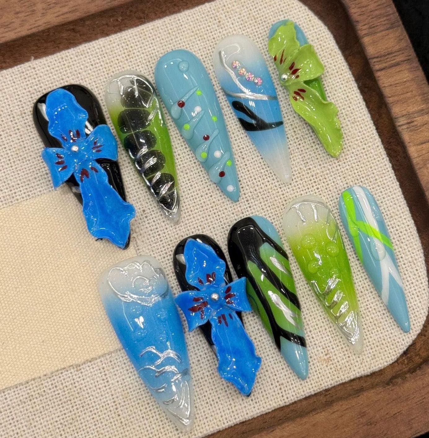 Neon Jungle Press On Nails with 3D Orchids and Tropical Abstract Art Artificial reusable fake glue on faux manicure nails trendy art