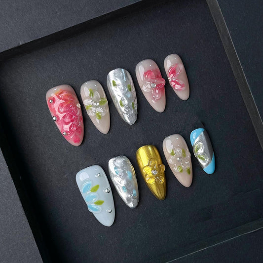 Metallic Bloom Garden Press On Nails Manicure press on artificial glue on faux reusable trendy nail