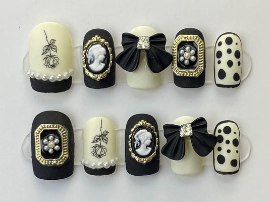Gothic Vintage Black and Ivory Press On Nails with Cameo Bows and Pearls Manicure glue on artificial fake faux reusable trendy nail