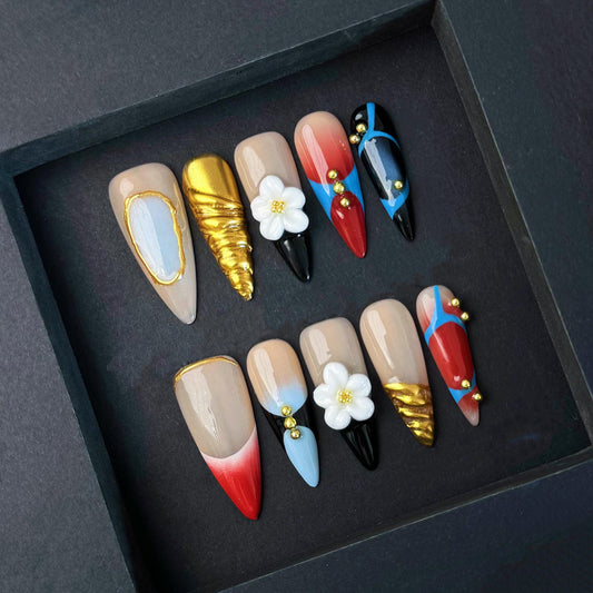 Bold Mixed Media Press On Nails with Gold Horn Accent and 3D Flower Art Artificial reusable fake glue on faux manicure nails trendy art