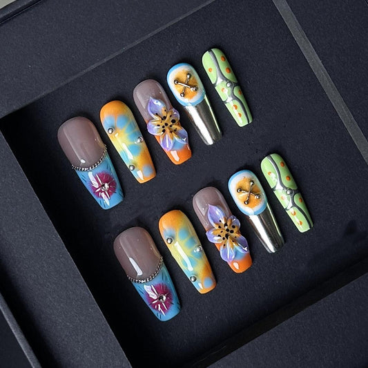 Psychedelic Flower Power Press On Nail with 3D Floral Art Neon Groovy Design artificial reusable fake glue on faux manicure nails trendy art