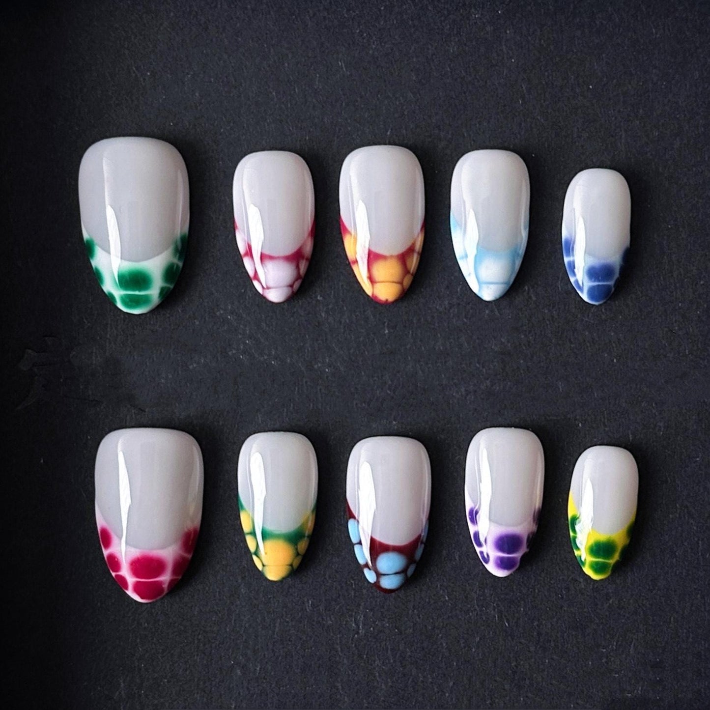 Color Pop Bubble Tip Press On Nails – Multi-Colored Gradient French Design. Artificial reusable fake glue on faux manicure nails trendy art.