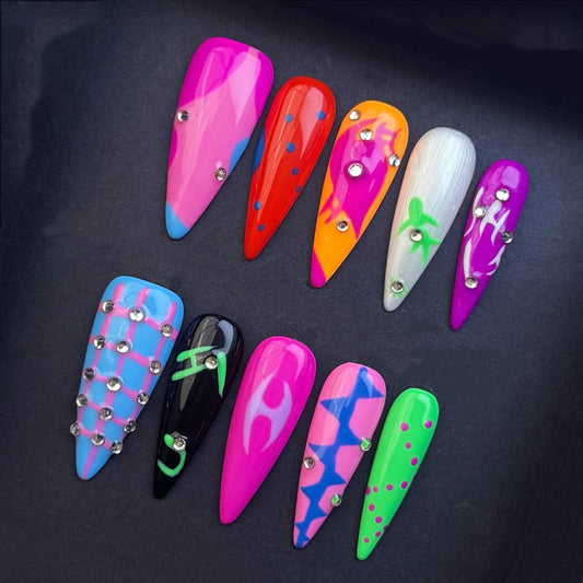 Electric Neon Mix Press On Nails – Abstract Graffiti-Inspired Set with Crystals. Artificial reusable fake glue on faux manicure nails art.