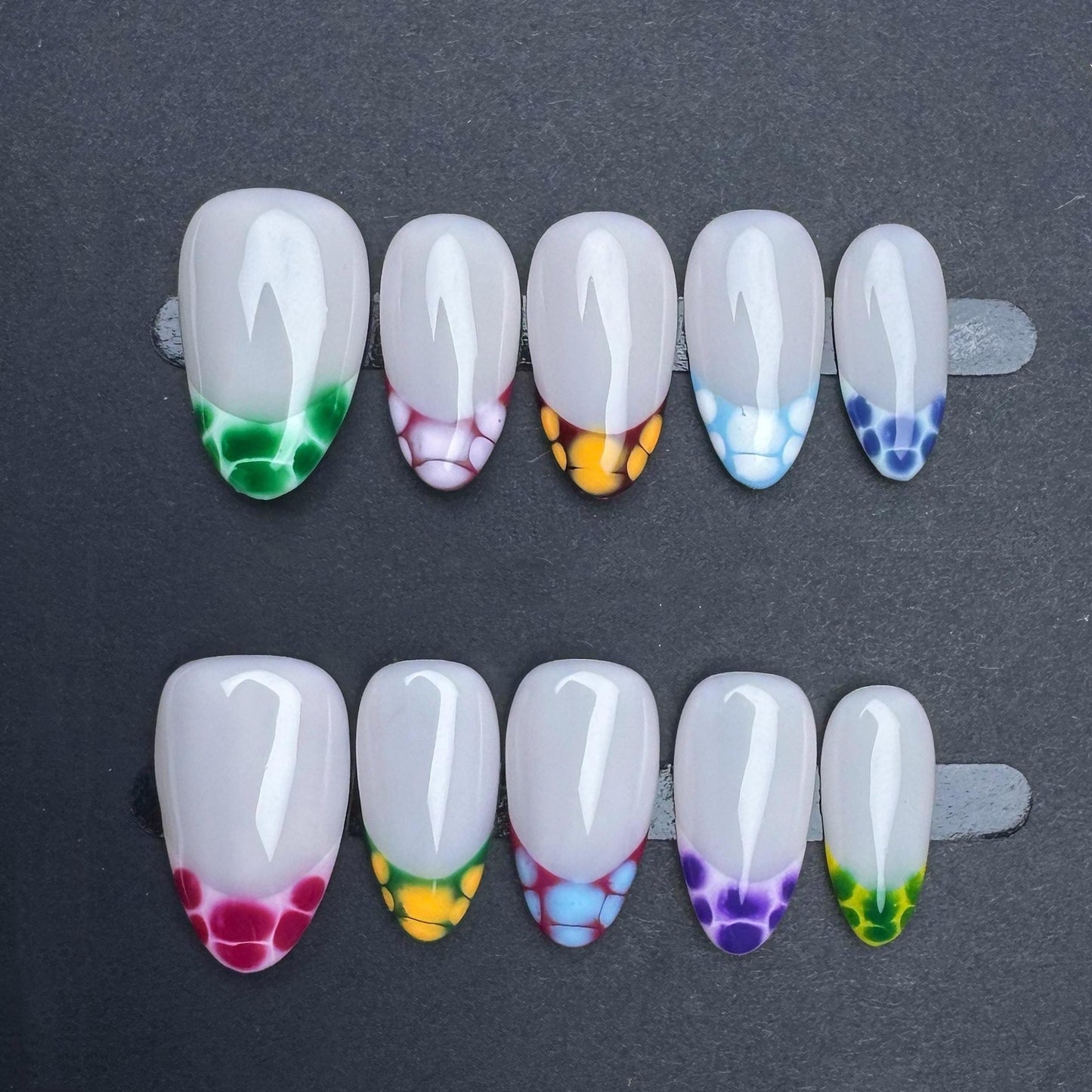 Color Pop Bubble Tip Press On Nails – Multi-Colored Gradient French Design. Artificial reusable fake glue on faux manicure nails trendy art.