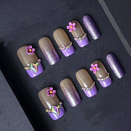Purple Glam Floral Rhinestone Press On Nails–Short Square Sparkle Nail Set. Artificial reusable fake glue on faux manicure nails trendy art.