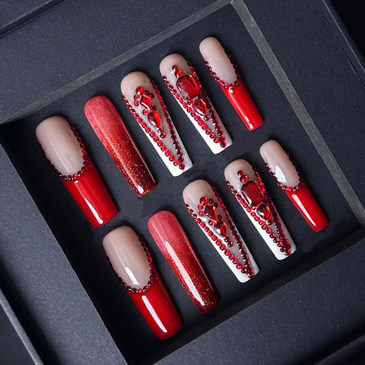 Red Rhinestone Glam Press On Nails- Valentine’s Jewel Accent Long Nail Set. Artificial reusable fake glue on faux manicure nails trendy art.