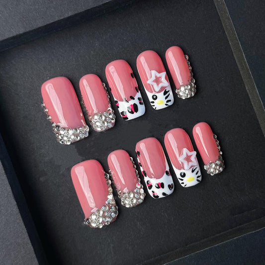 Pink Rhinestone Hello Kitty Inspired Press On Nails–Cute Star & Bow Design. Artificial reusable fake glue on faux manicure nails trendy art.