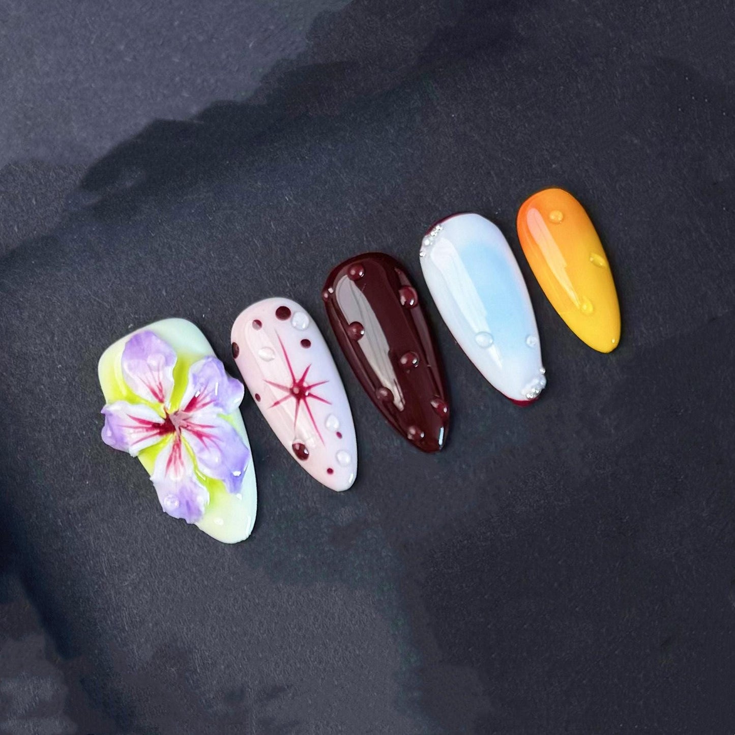 Bright Bloom Abstract Press-On Nails – 3D Floral Accents with Water Droplet & Ombre Effects. Artificial reusable manicure nails trendy art.