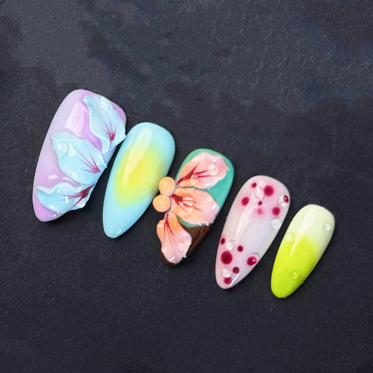 Bright Bloom Abstract Press-On Nails – 3D Floral Accents with Water Droplet & Ombre Effects. Artificial reusable manicure nails trendy art.