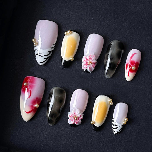 Elegant Oriental Fusion Press On Nails – Cherry Blossom, Zebra, and Ombre Pearl Accents. Artificial reusable fake manicure nails trendy art.
