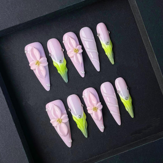 Spring Blossom 3D Floral Nails – Pastel Pink and Green Ombre Garden Set. Artificial reusable fake glue on faux manicure nails trendy art.