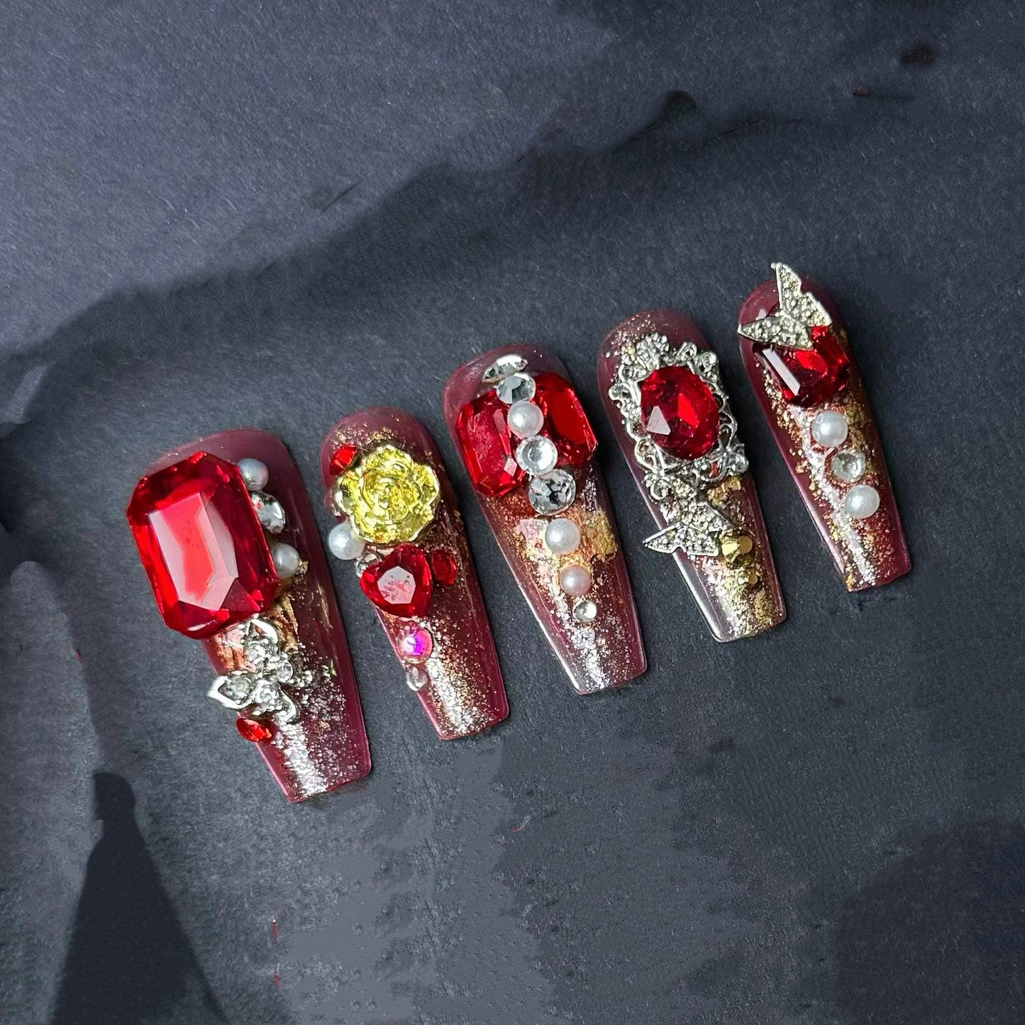 Royal Ruby Treasure Press On Nails Manicure press on artificial glue on faux reusable trendy nail 3D embellished
