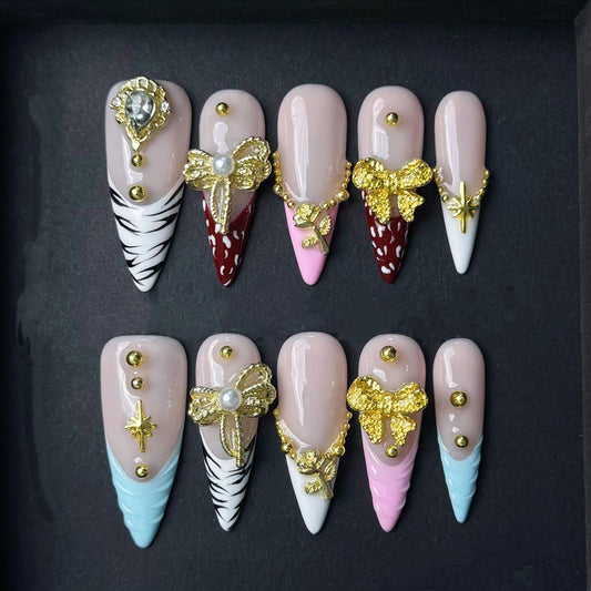 Glam Gold Charm Press On Nails with Animal Print and Pink Accents Manicure press on artificial glue on faux reusable trendy nail