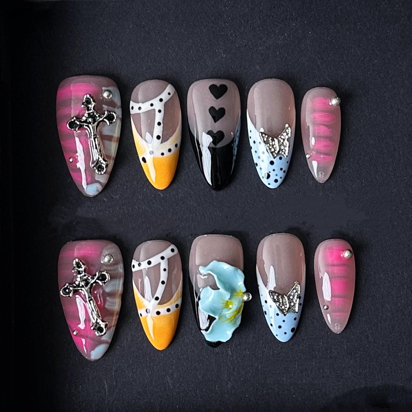 Mixed Design Press On Nails with Cross Hearts Butterfly and 3D Flower Charms Manicure press on artificial glue on faux reusable trendy nail