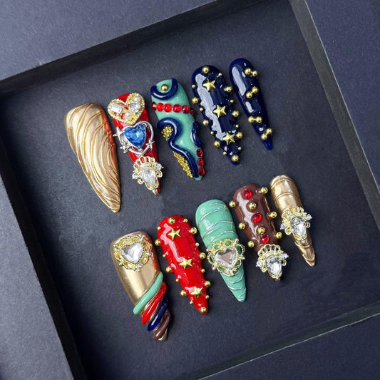 Royal Glam Baroque Press-On Nails with Jewels and Stars. Artificial reusable fake glue on faux manicure nails trendy art.