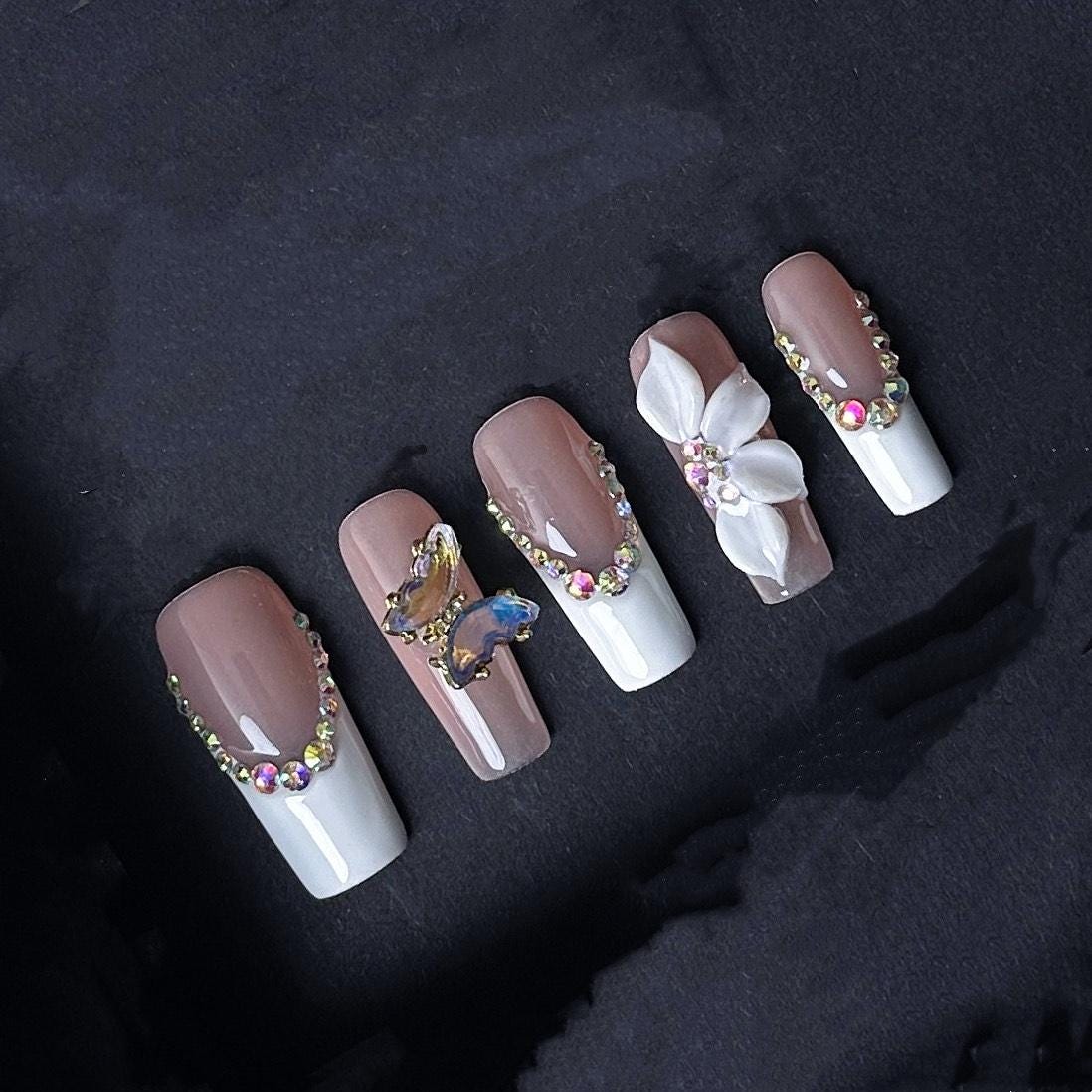 Nude and White Rhinestone Press On Nails with Butterfly and 3D Flower Accents Manicure press on artificial glue on faux reusable trendy nail