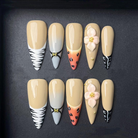 Safari Chic Press On Nails with Animal Print Gradient and 3D Floral Accents Manicure press on artificial glue on faux reusable trendy nail