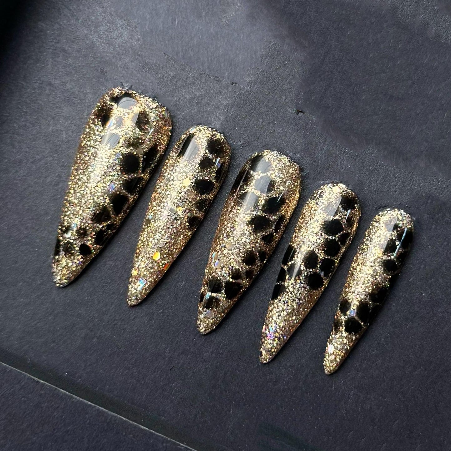 Gold Glitter Leopard Press On Nails with Black Accent Pattern Manicure press on artificial glue on faux reusable trendy nail