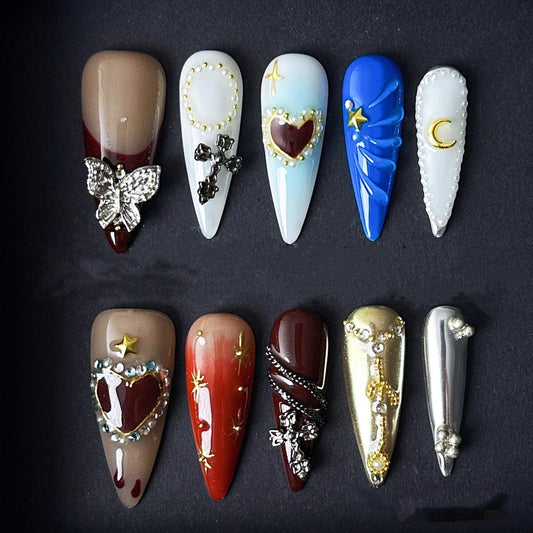 Gothic Red and Metallic Press On Nails with Charms and Star Accents Manicure press on artificial glue on faux reusable trendy nail