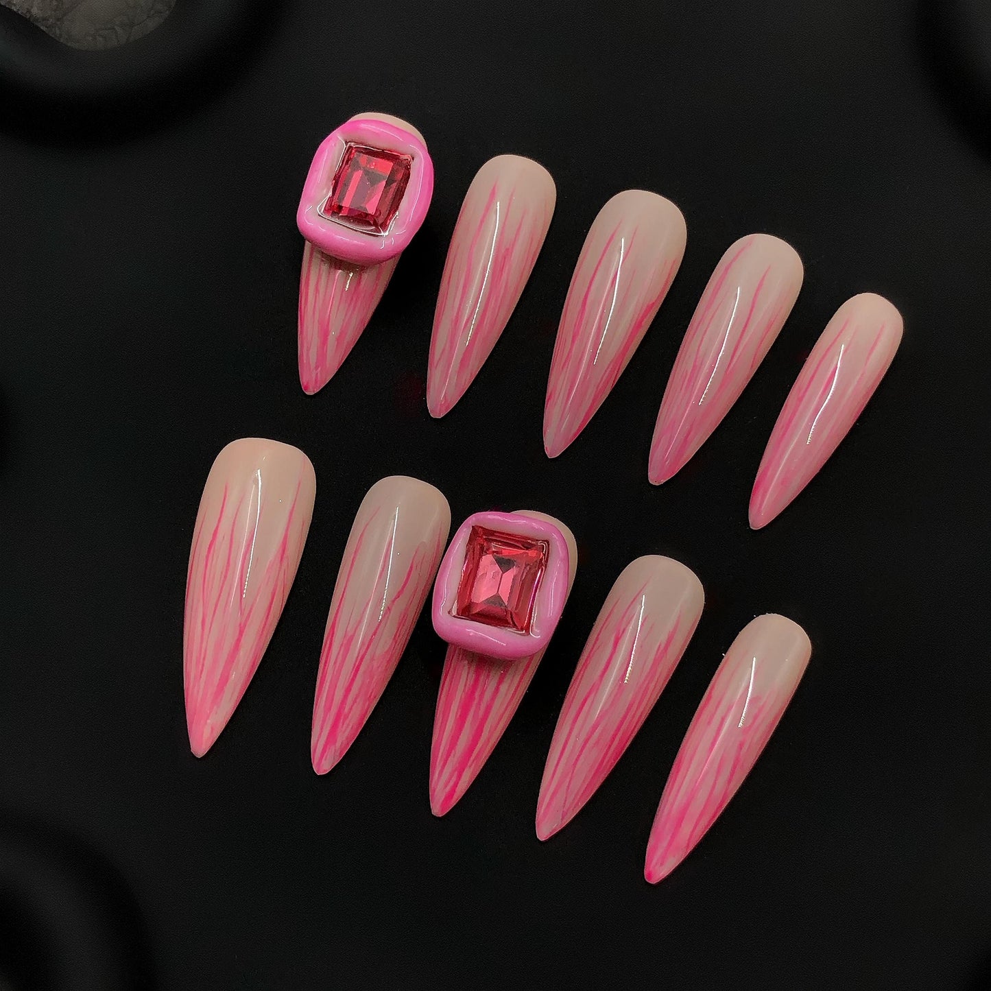 Art Deco Pink Flamed Rhinestone Stiletto Hand Painted Press on Nails. Artificial reusable fake glue on faux manicure nails trendy art.