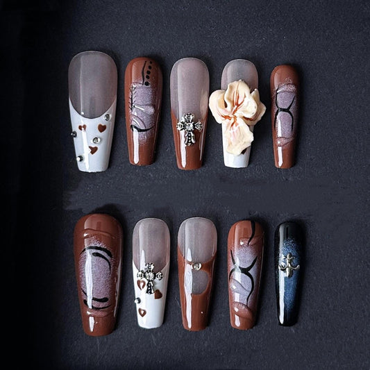 Gothic Romance Cross and Heart Press On Nails Manicure press on artificial glue on faux reusable trendy nail