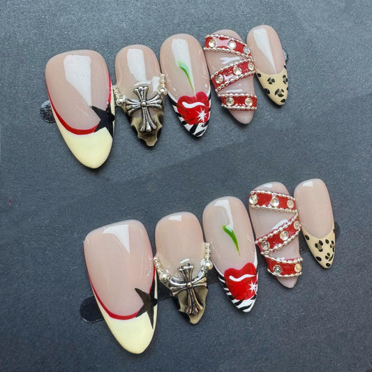 Mocha Gothic Cross and Heart Press On Nails Manicure press on artificial glue on faux reusable trendy nail