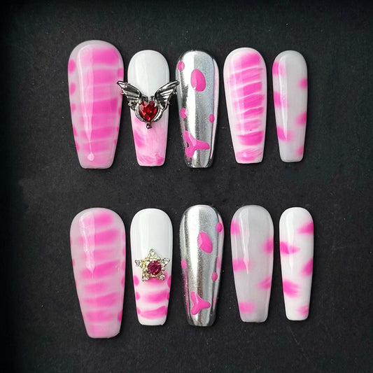 Pink Angel Heart Chrome Press On Nails Artificial reusable fake glue on faux manicure nails trendy art