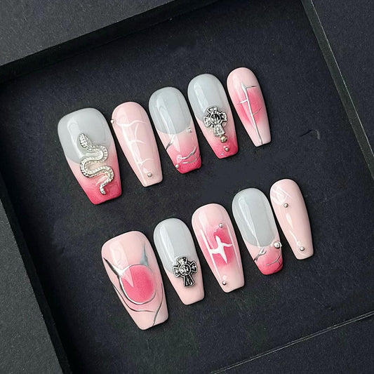 Gothic Pink Ombre Snake and Cross Nails Artificial reusable fake glue on faux manicure nails trendy art