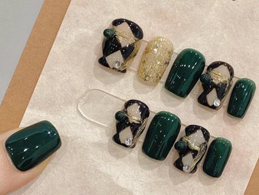 Emerald Harlequin Press On Nails with Gold Glitter and Diamond Accents Manicure glue on artificial fake faux reusable trendy glam nail