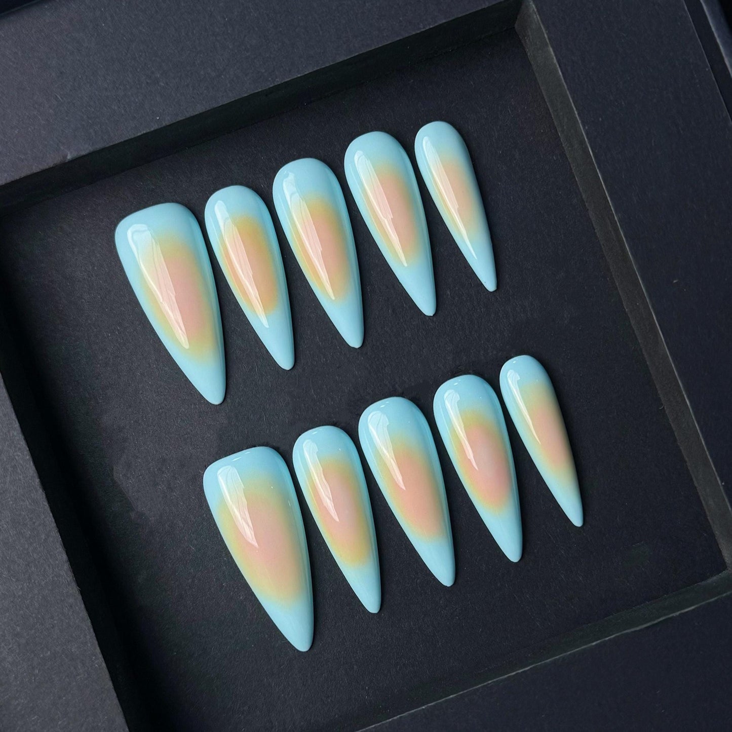 Pastel Sunset Aura Nails in Almond Shape – Dreamy Gradient Press-Ons. Artificial reusable fake glue on faux manicure nails trendy art.