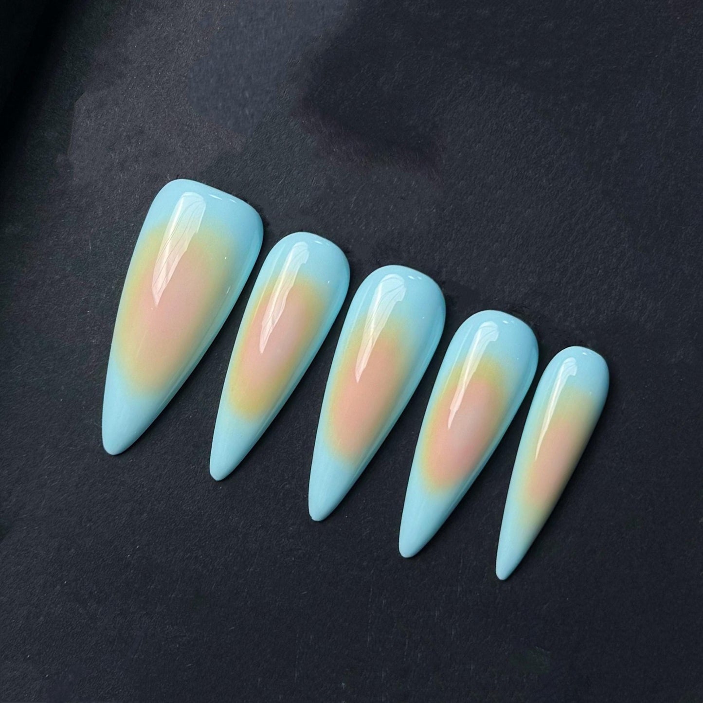 Pastel Sunset Aura Nails in Almond Shape – Dreamy Gradient Press-Ons. Artificial reusable fake glue on faux manicure nails trendy art.