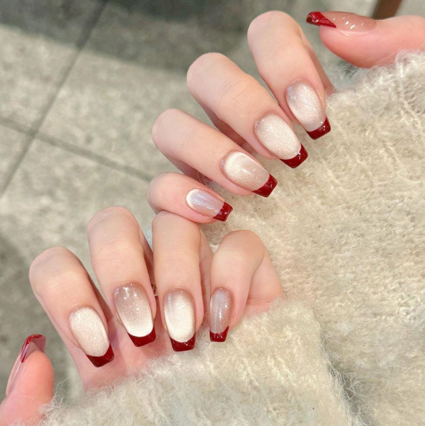 Shimmery Nude Press On Nails with Wine Red French Tips artificial reusable fake glue on faux manicure nails trendy art