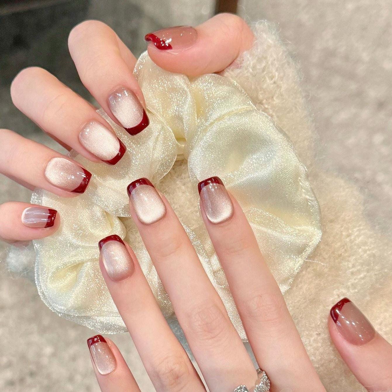 Shimmery Nude Press On Nails with Wine Red French Tips artificial reusable fake glue on faux manicure nails trendy art
